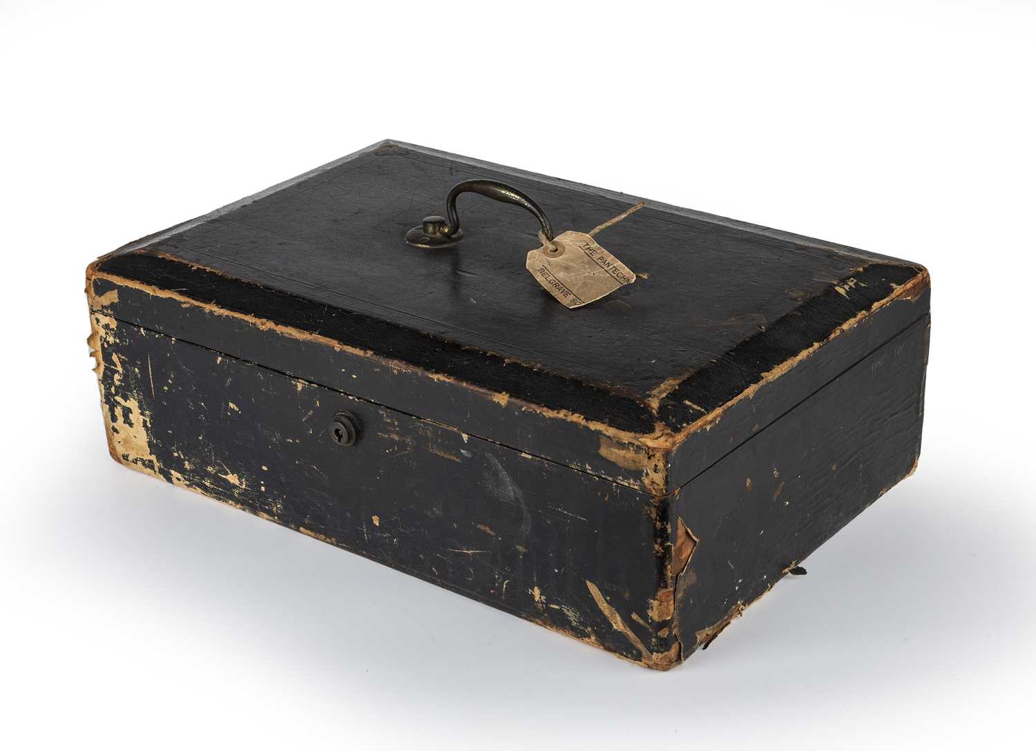 A mid 19th century black leather bound dispatch box with a brass swan neck carrying handle and a