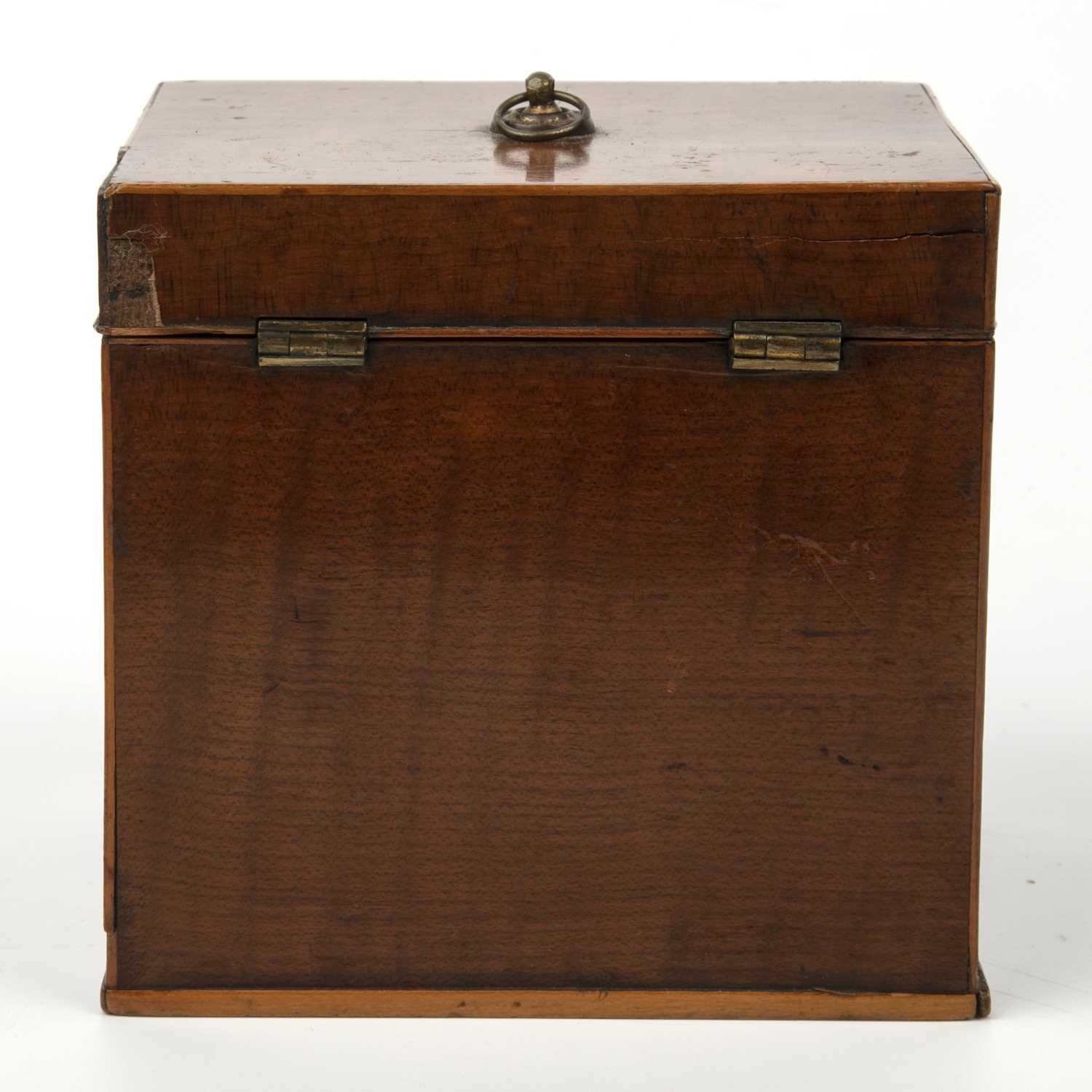 A George III possibly fustic tea caddy of cube form with fiddle back veneer, a ring handle and a - Image 4 of 5