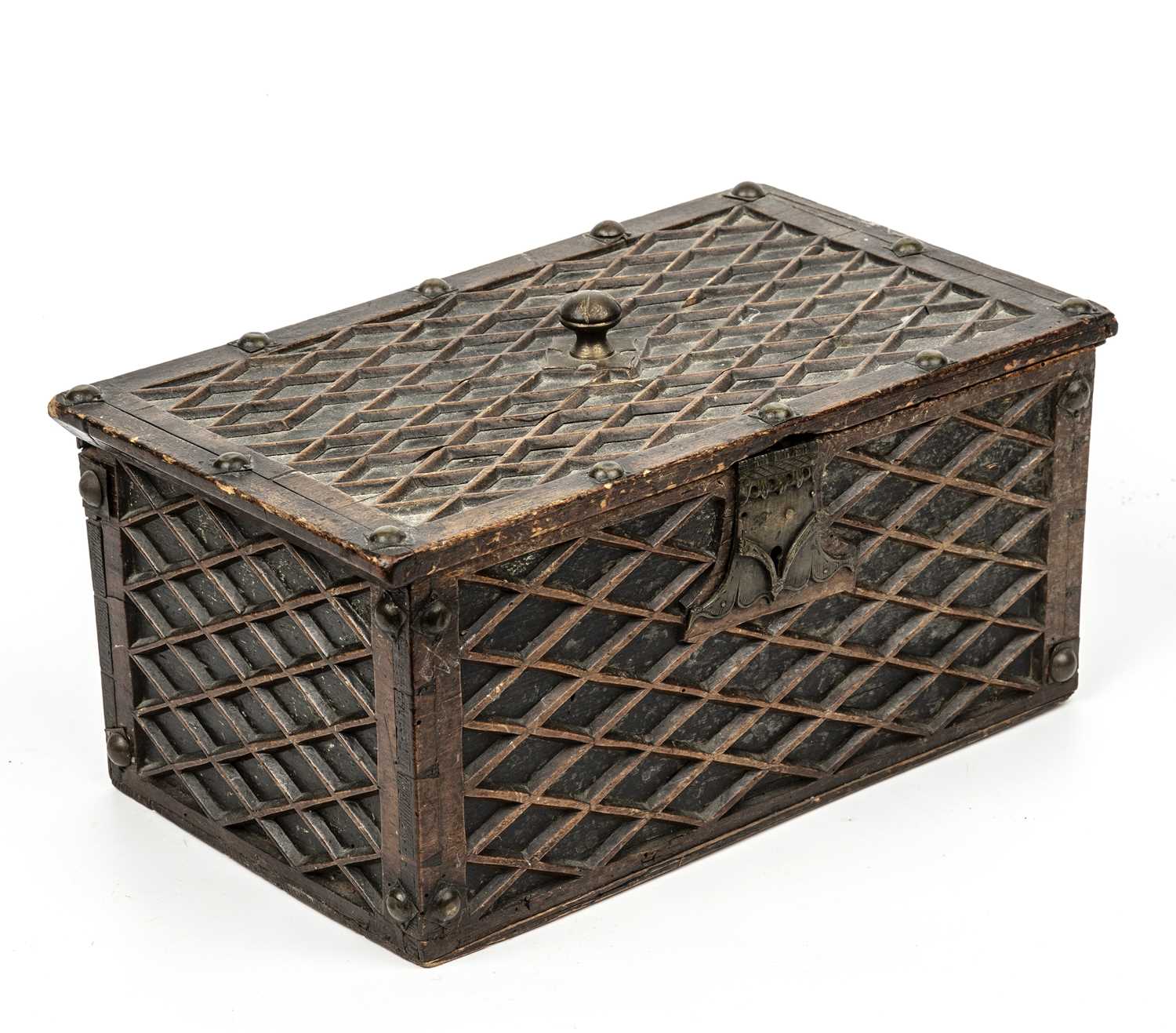 A late 18th / early 19th century German pine tinder box with brass mounts and lattice decoration,