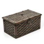 A late 18th / early 19th century German pine tinder box with brass mounts and lattice decoration,