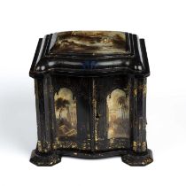 A Victorian lacquered table casket with hand painted panels depicting classical scenes, having a