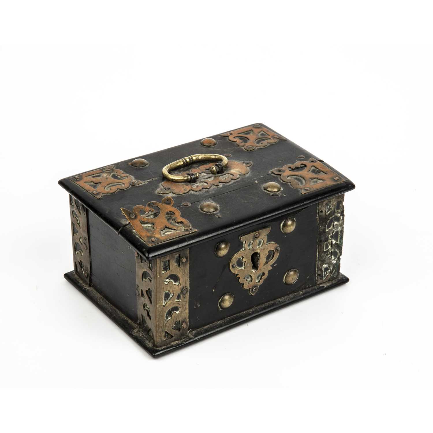 A late 17th century Portugese brass bound ebony box, 14cm wide x 10cm deep x 7.5cm highMissing a