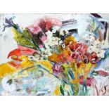 Maggi Davies (20th Century) Flowers Still Life oil on canvas 66 x 85cm.