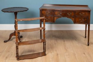 A mahogany three-tiered hanging shelf together with an 18th century mahogany tripod table and a Rege