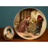 An oval portrait of a woman on porcelain together with a porcelain plate by T T & Co