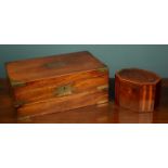 A mahogany and brass bound writing slope together with a mahogany satinwood banded tea caddy