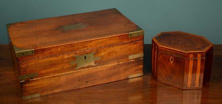 A mahogany and brass bound writing slope together with a mahogany satinwood banded tea caddy