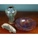 A Darlington glass bowl together with two items of studio pottery