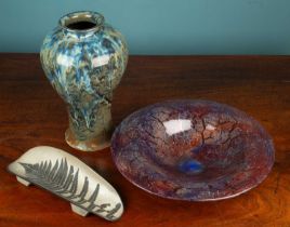 A Darlington glass bowl together with two items of studio pottery