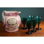 A Sunderland lustre jug and a small group of Bristol green wine glasses