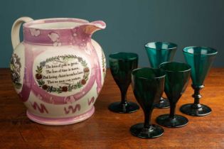 A Sunderland lustre jug and a small group of Bristol green wine glasses