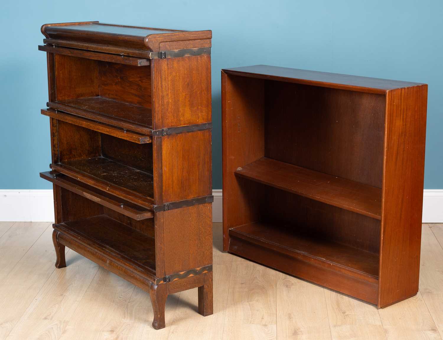 A Globe Wernicke stacking bookcase together with a Herbert E Gibbs teak open bookcase - Image 6 of 6