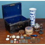 A collection of items to include silver, a bronze statuette and but markers