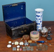 A collection of items to include silver, a bronze statuette and but markers