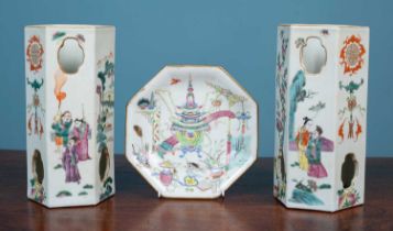 A pair of Chinese hexagonal porcelain vases and a dish