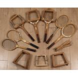 Seven wood framed tennis rackets