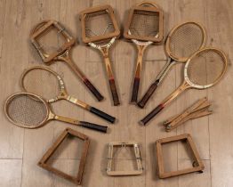 Seven wood framed tennis rackets