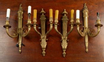 Two pairs of classically styled brass two-light wall brackets