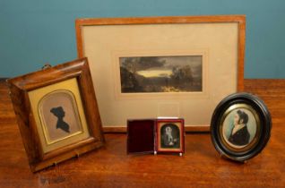 Four pictures to include; a portrait miniature, a daguerreotype, a silhouette, and a landscape