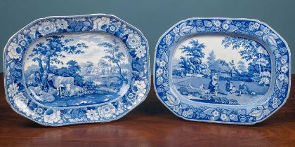 Two 19th century blue and white transfer-printed meat plates