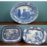 Three blue and white transfer printed meat plates