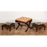 Near pair of footstools with tapestry covers on square mahogany frames, 35cm wide x 17.5cm x 35cm