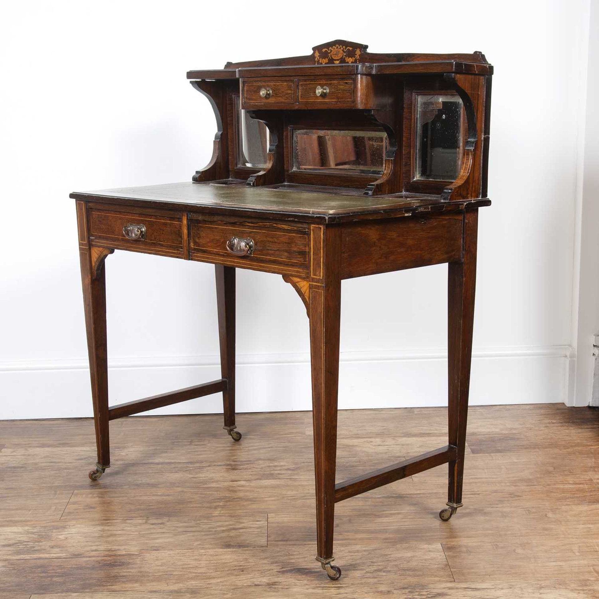 Rosewood and marquetry Bonheur du jour Victorian, with mirrored galleried back, two frieze - Image 3 of 4