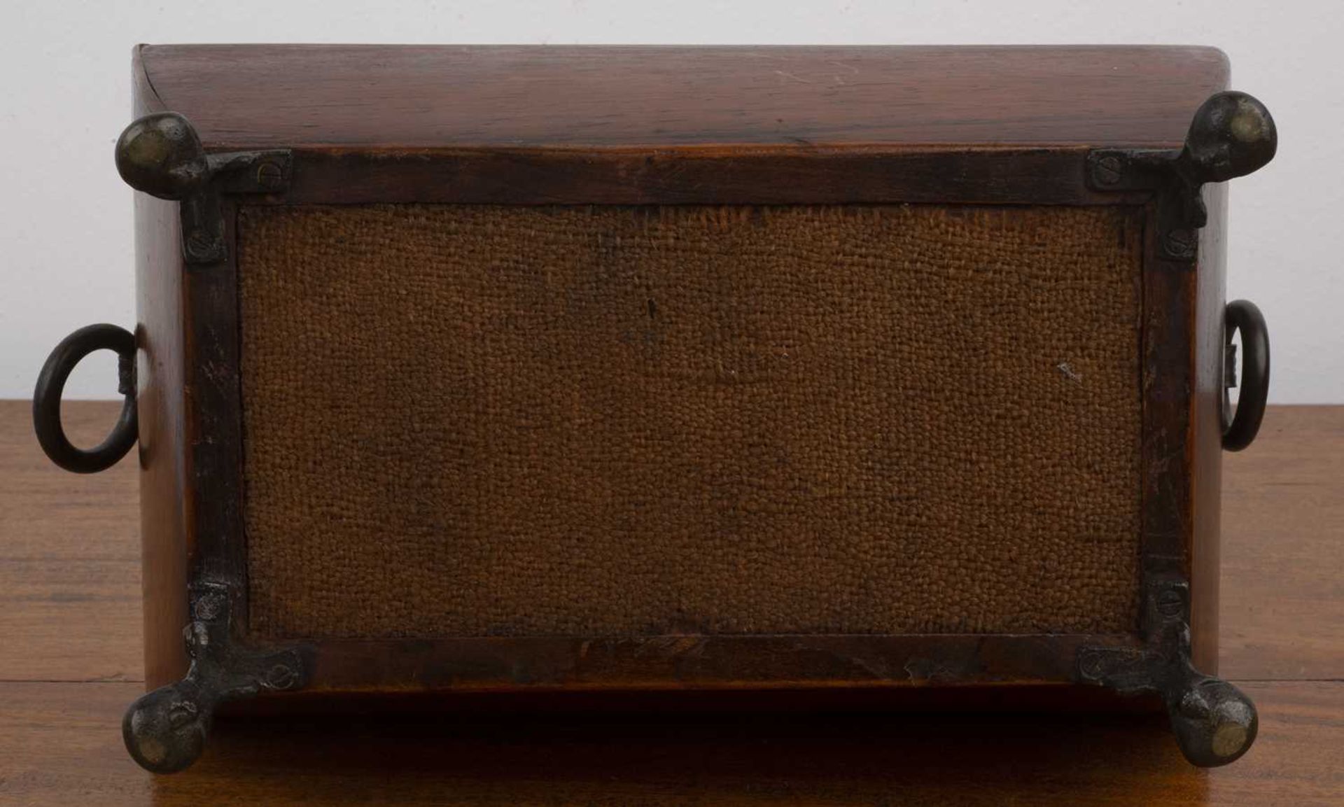 Rosewood and marquetry tea caddy 19th Century, with brass ring handles, standing on brass pad feet - Image 7 of 7