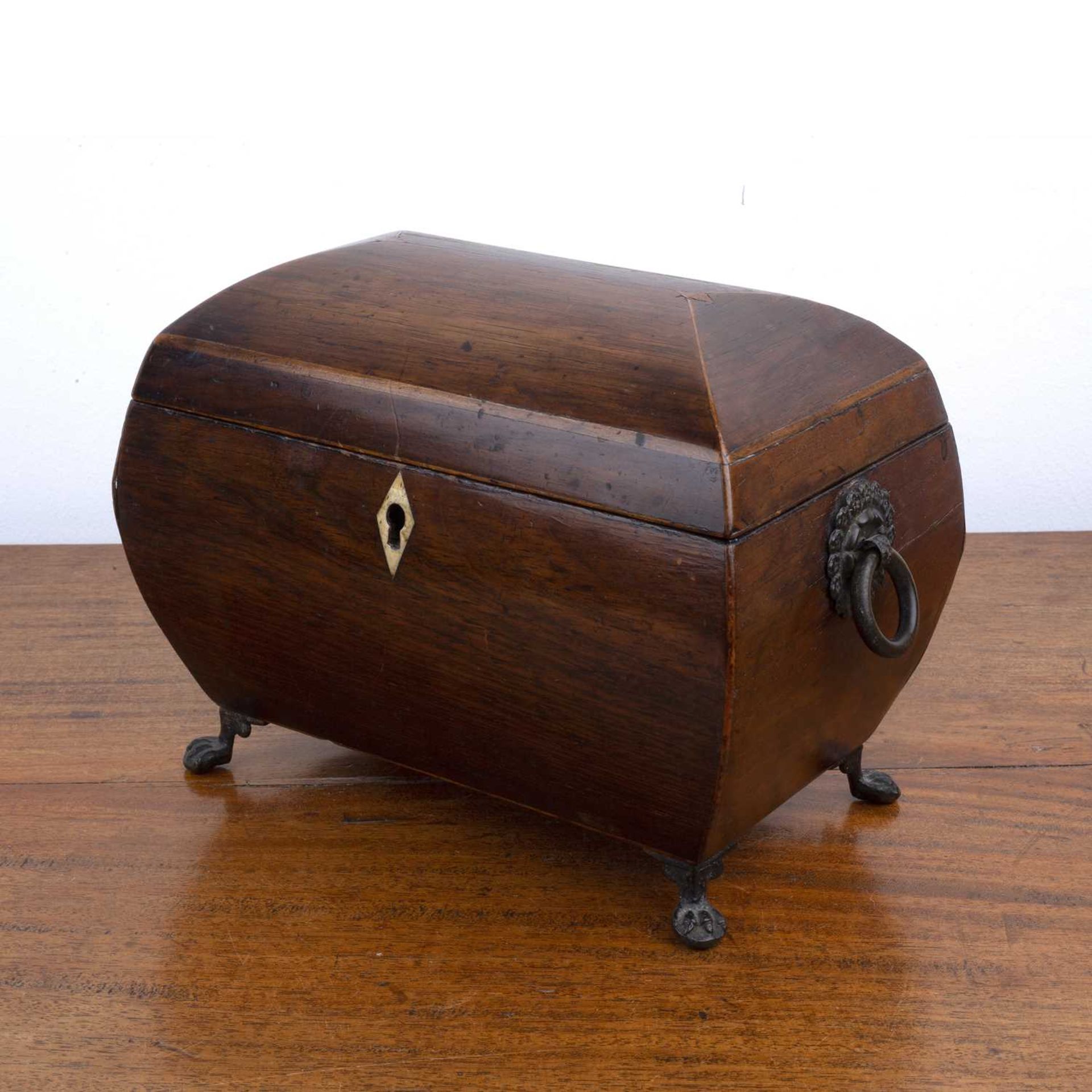 Rosewood and marquetry tea caddy 19th Century, with brass ring handles, standing on brass pad feet - Image 3 of 7