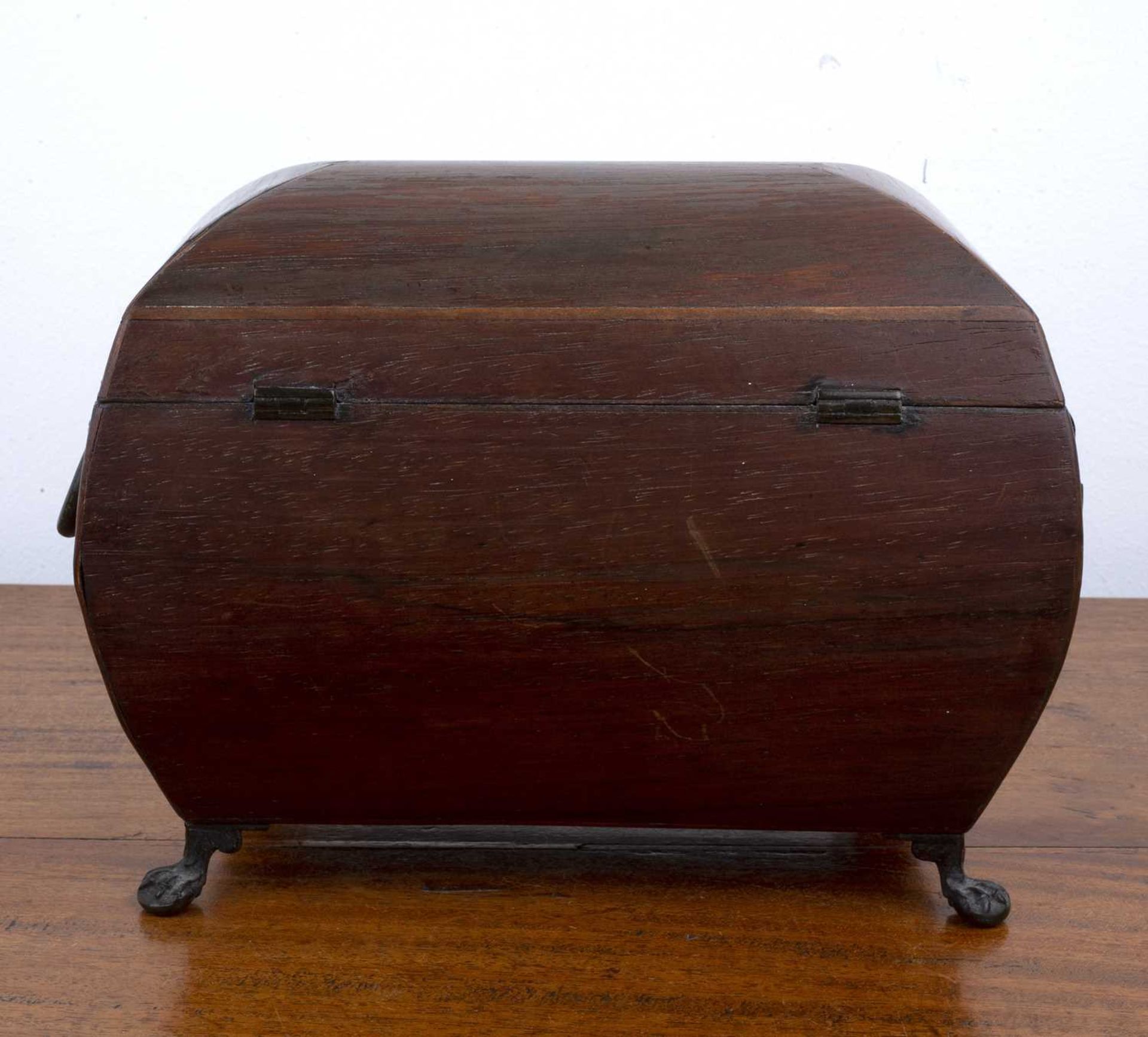 Rosewood and marquetry tea caddy 19th Century, with brass ring handles, standing on brass pad feet - Image 6 of 7