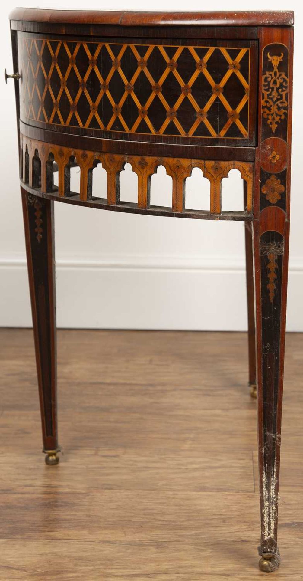 Continental marquetry side table with demi-lune top, above two drawers, with lattice inlaid - Image 10 of 10