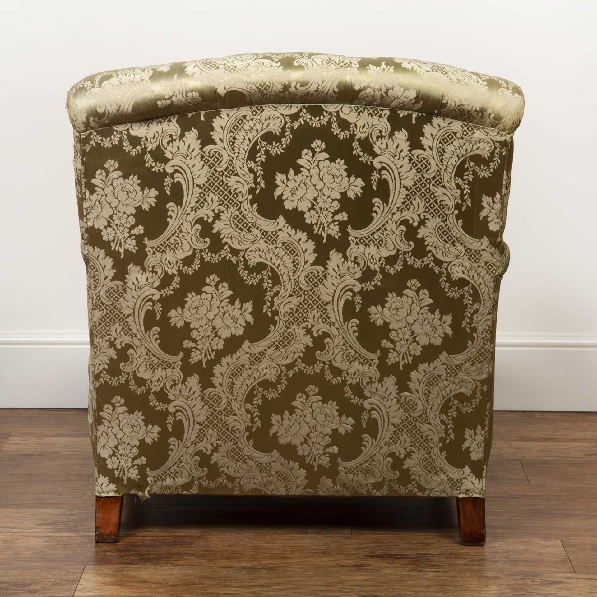 Howard & Sons armchair with green floral brocade fabric button upholstery, stamped to the rear - Image 3 of 4