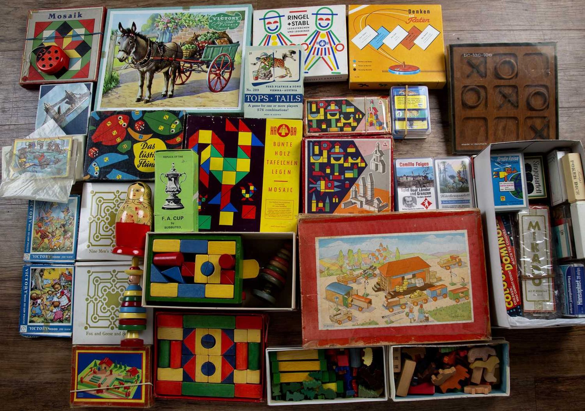 Collection of vintage toys and games comprising of: Victory jigsaw puzzles in original boxes, wooden