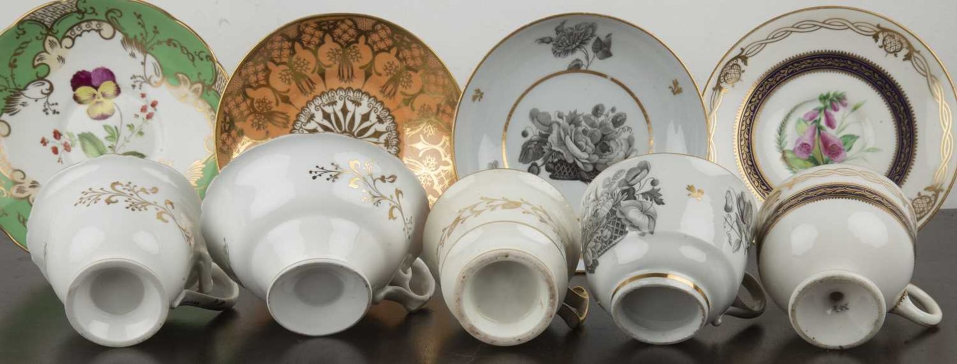 Group of porcelain teacups and saucers and a trio English, 19th Century, including monochrome - Image 2 of 4