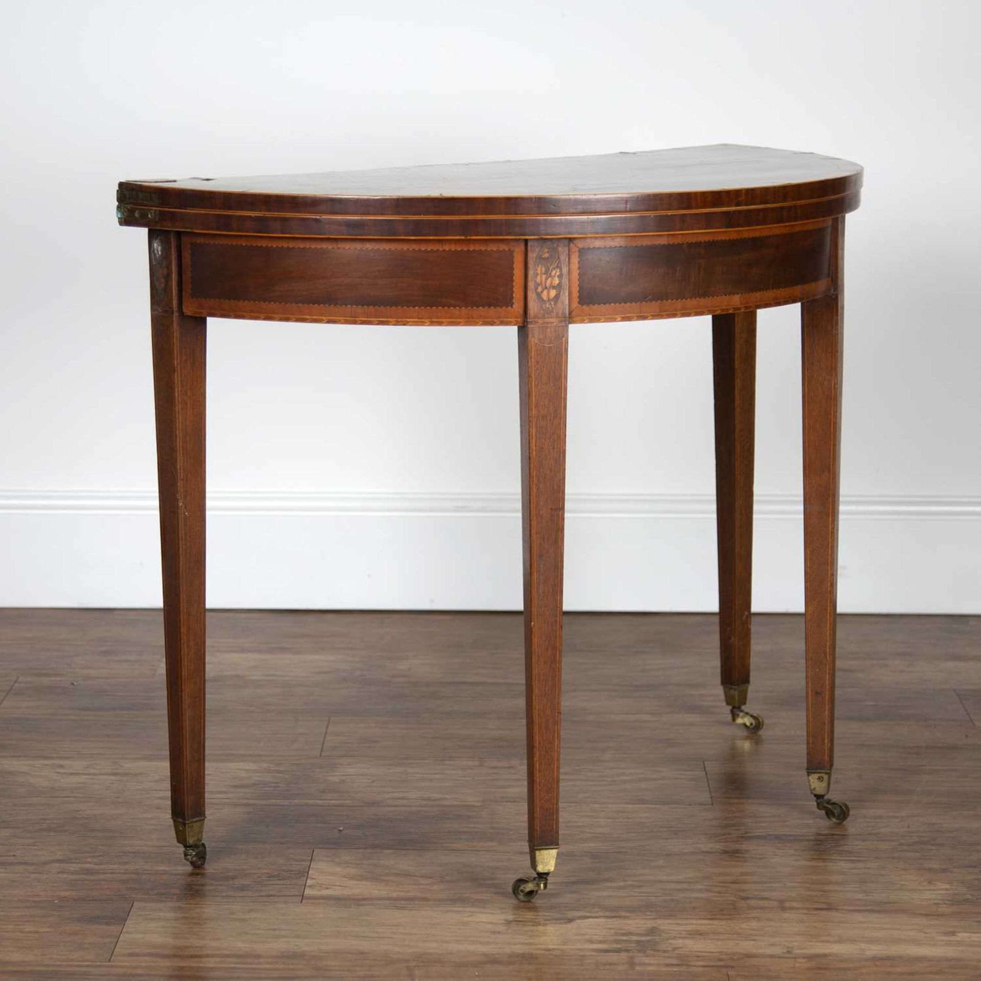 Mahogany marquetry inlaid card table George III, with fold over top and green baize lining, on - Image 2 of 5