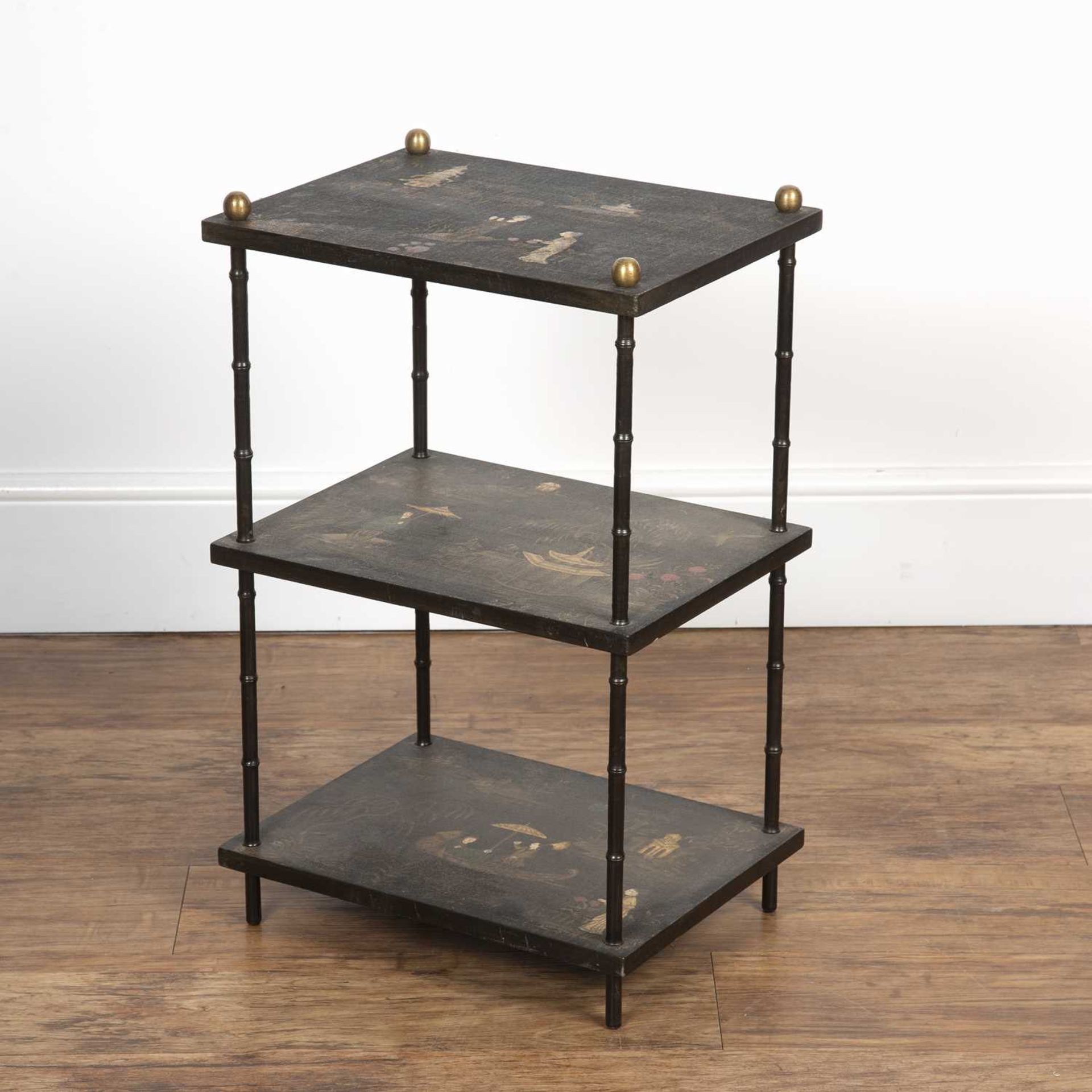 Chinoiserie three tier stand with painted decoration on faux bamboo metal supports, 40.5cm wide x - Image 3 of 4