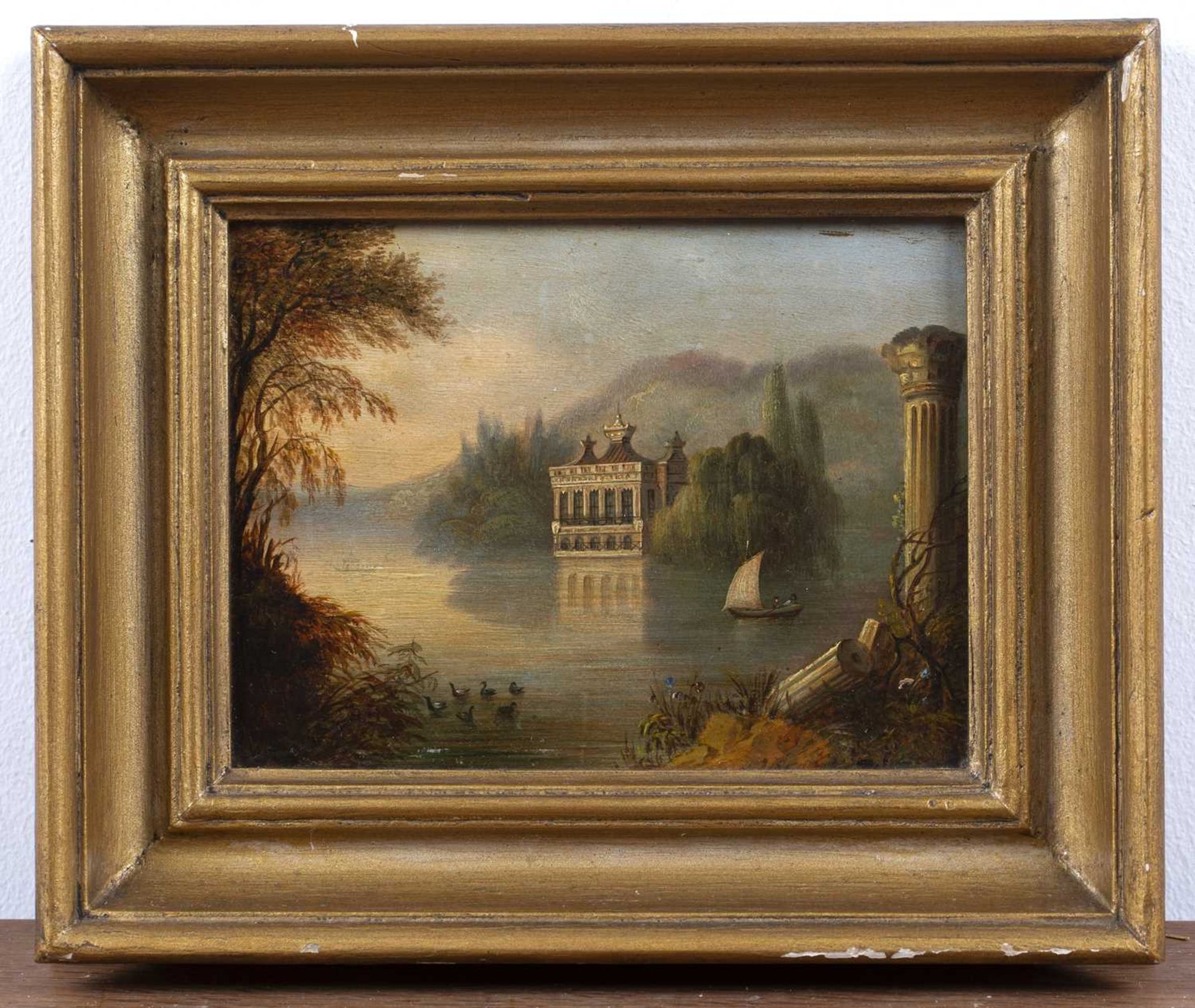 English School, Classical lake scene with folly, oil on panel, 12.5cm x 16cmSome small losses to the - Image 2 of 3