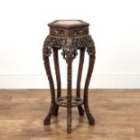 Carved hardwood urn stand or side table Chinese, with pentagonal inset marble top, 31.5cm wide x