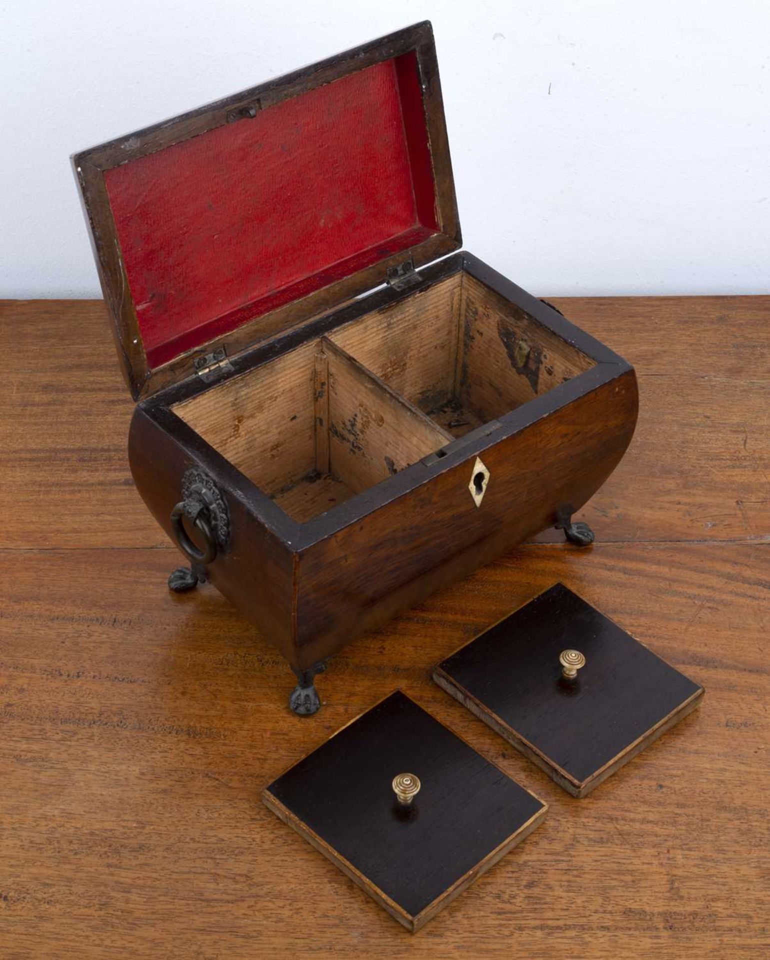 Rosewood and marquetry tea caddy 19th Century, with brass ring handles, standing on brass pad feet - Image 4 of 7