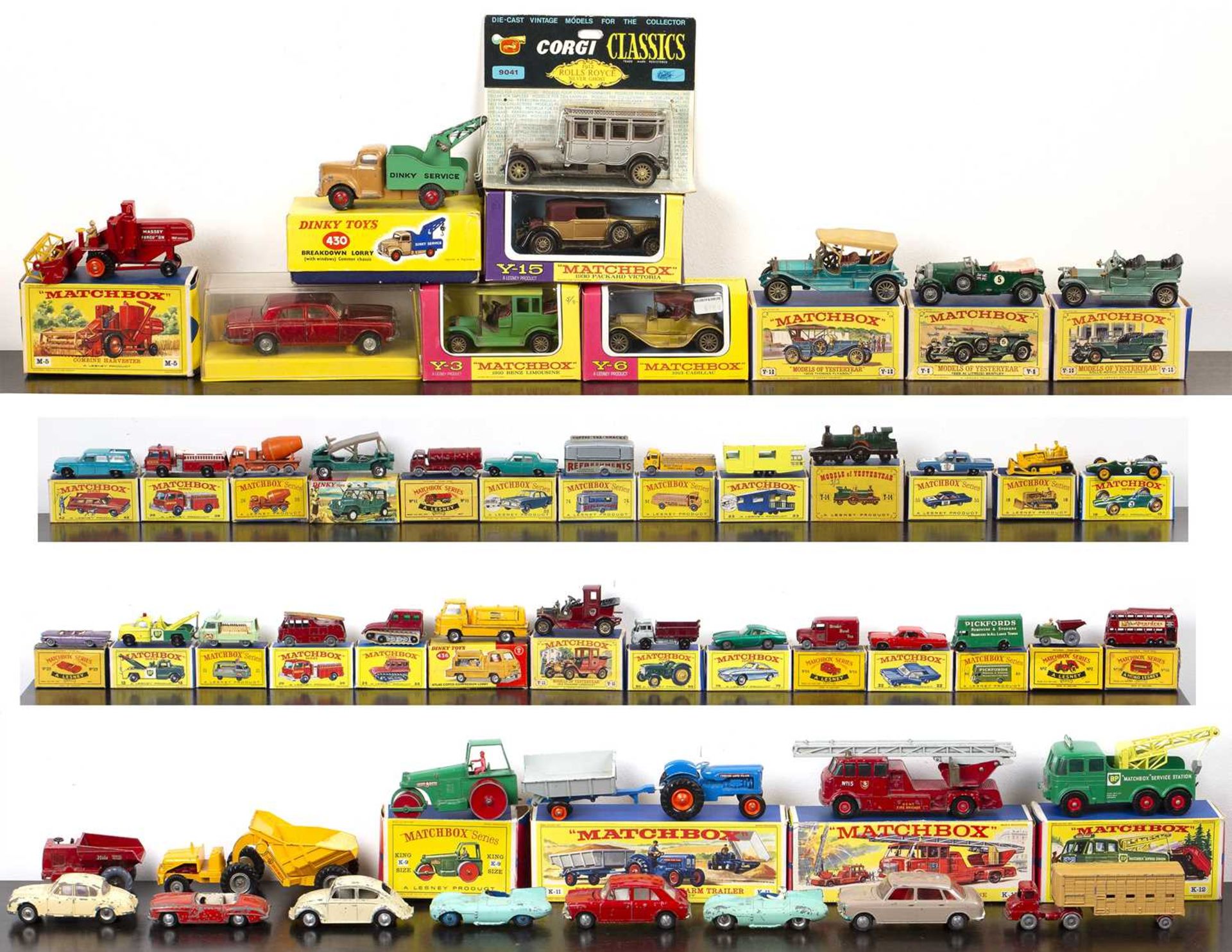 Collection of Matchbox and Lesney diecast model cars including a boxed G-2 Transporter set, models