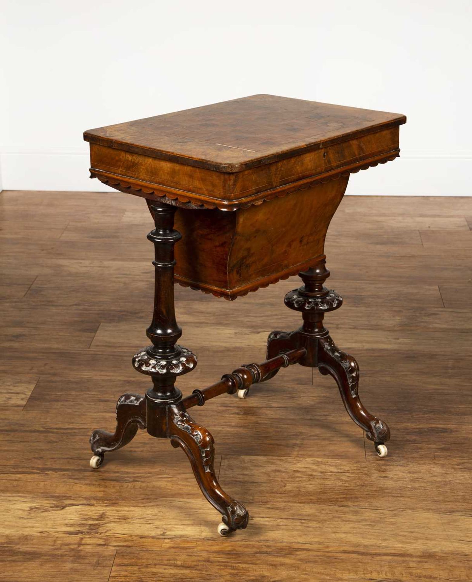 Walnut sewing table Victorian, with a parquetry chess board top, the lift up lid concealing a fitted - Image 2 of 5