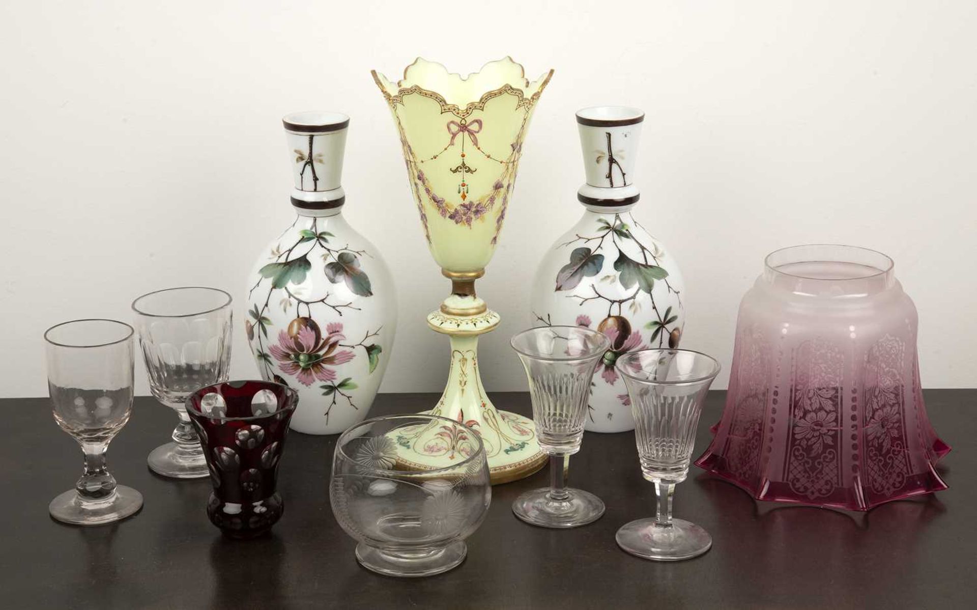Collection of ceramics and glassware comprising of: a pair of white opaline glass vases decorated