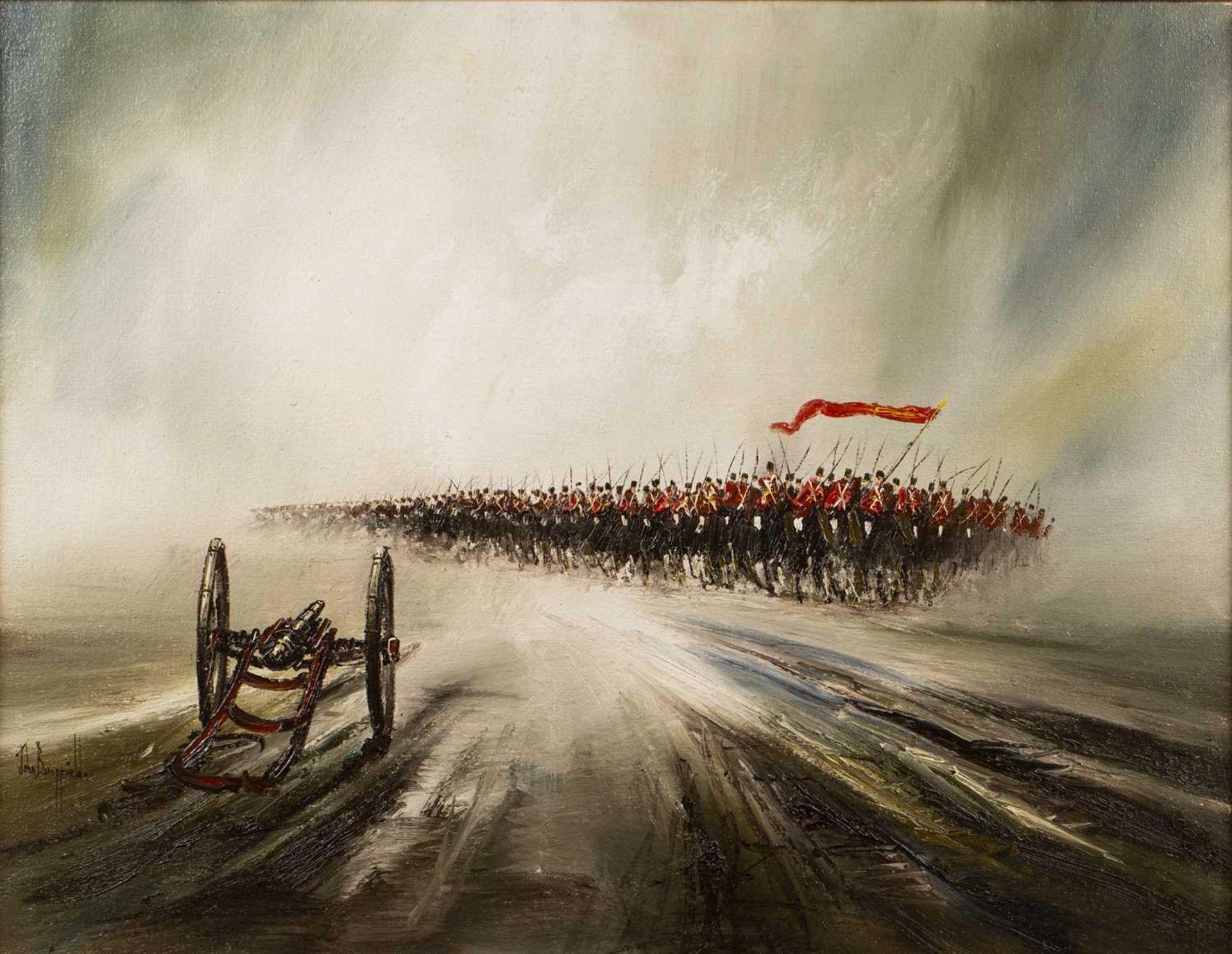 John Bampfield (b.1947) 'Charge', oil on canvas, signed lower left, 71cm x 91cmOverall minimal