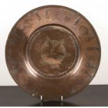 Copper engraved dish Indian, Kashmiri, with central star design and paisley leaves to the border and