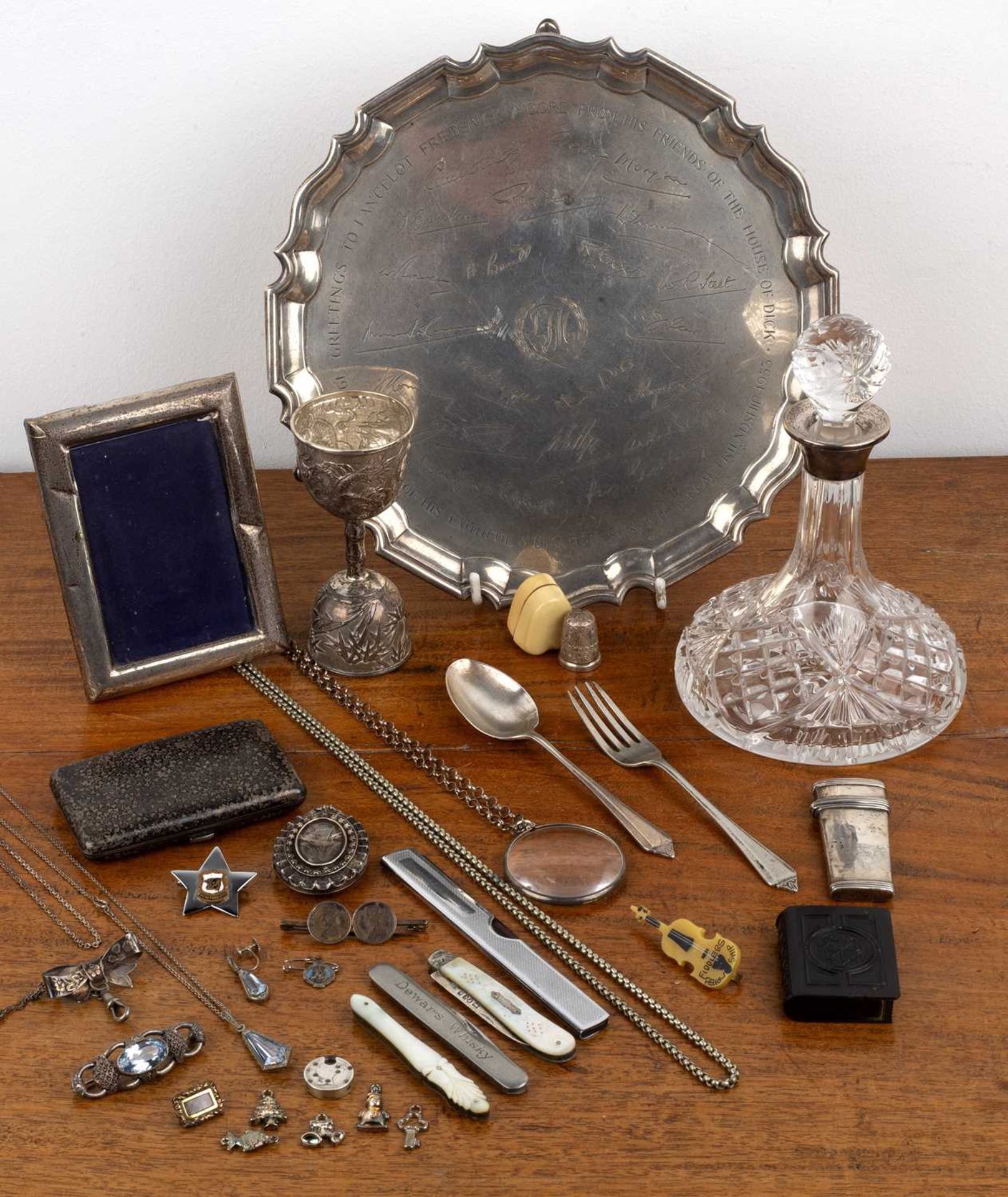 Collection of silver, jewellery and miscellaneous items comprising of: a silver salver, with