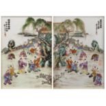 Pair of framed porcelain panels Chinese, 20th Century, painted with children playing in a garden,
