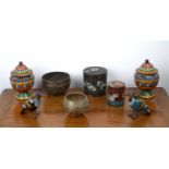 Collection of cloisonne Comprising of, a pair of lidded urns,14cm high, a pair of birds,10cm high, a