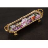 Derby porcelain pen tray 19th Century, painted with summer flowers on a black ground and with gilt