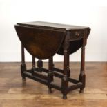Oak drop flap gate leg table 18th Century, of plain form, fitted with a single drawer, on turned