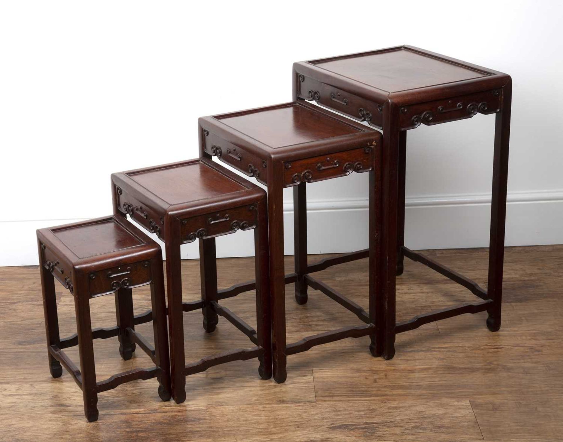 Nest of four or quartetto of tables Chinese hardwood, each with carved decoration, a recessed top - Image 2 of 4